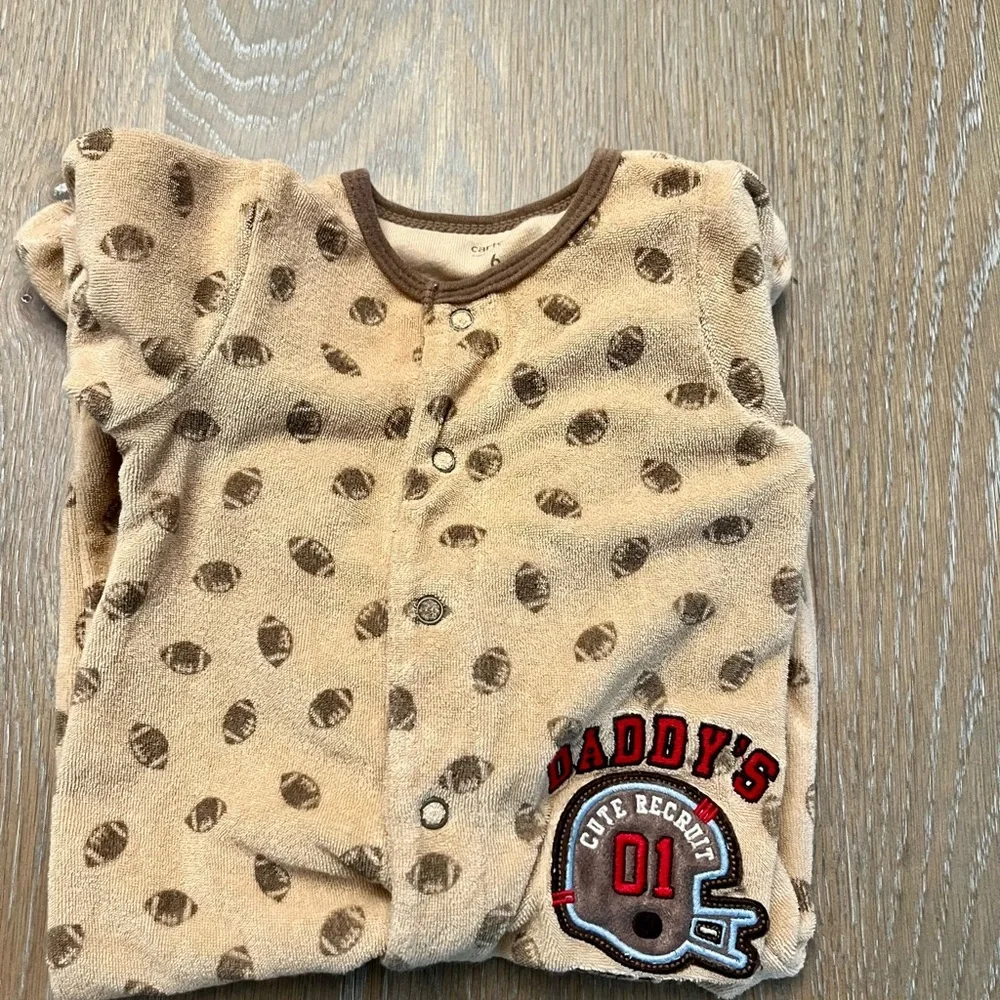 Carters Baby Boy tan & brown Football “Daddy’s Team” one‎ piece footed PJs 6 mos
